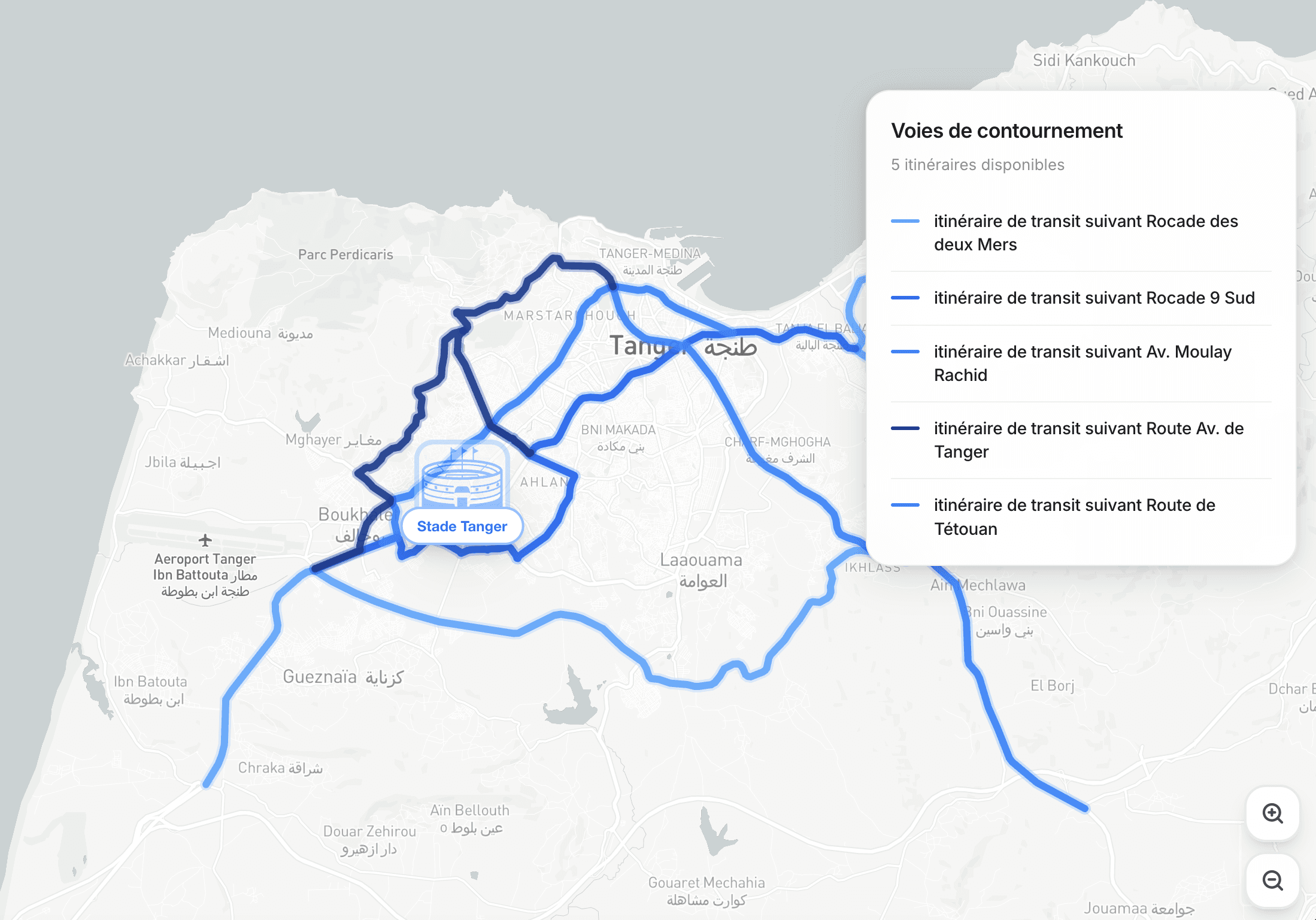 Carte des voies de contournement autour du Grand Stade de Tanger